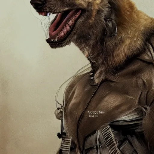 Image similar to a wounded humanoid german shepherd beast - man in military style, his hands are covered with wires, sitting on the bed, highly detailed portrait, digital painting, artstation, concept art, smooth, sharp foccus ilustration, artstation