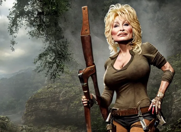 Image similar to film still of!!!! dolly parton!!! as lara croft in new tomb raider movie, 8 k