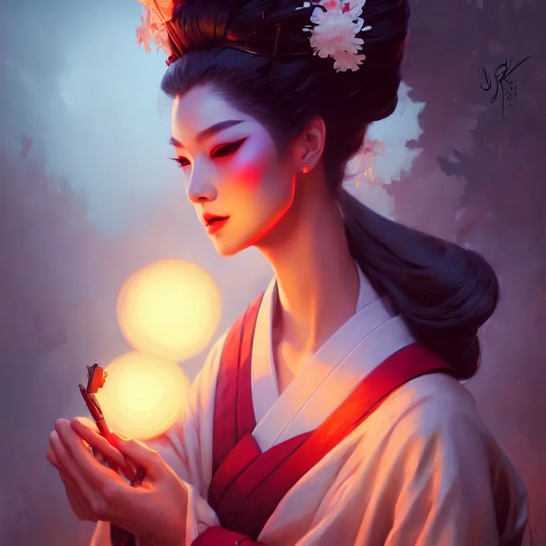 Image similar to pretty geisha, d & d digital painting, ultra realistic, beautiful, volumetric lighting, cell shading, by james jean, greg rutkowski, wlop