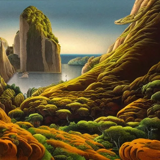 Image similar to painting of a lush natural scene on an alien planet by gerardo dottori. extremely detailed. futurism. beautiful landscape. weird vegetation. cliffs and water.