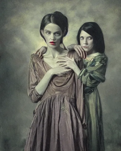 Prompt: a beautiful and eerie baroque painting of two beautiful but creepy siblings wearing vivienne westwood dresses in layers of fear, with haunted eyes and dark hair, 1 9 7 0 s, seventies, wallpaper, a little blood, morning light showing injuries, golden hour, delicate embellishments, painterly, offset printing technique, by brom, robert henri, walter popp