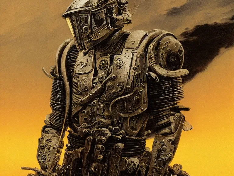 Prompt: a detailed profile painting of a bounty hunter in polished armour and visor. cinematic sci-fi poster. Cloth and metal. Welding, fire, flames, samurai Flight suit, accurate anatomy portrait symmetrical and science fiction theme with lightning, aurora lighting clouds and stars. Clean and minimal design by beksinski carl spitzweg giger and tuomas korpi. baroque elements. baroque element. intricate artwork by caravaggio. Oil painting. Trending on artstation. 8k