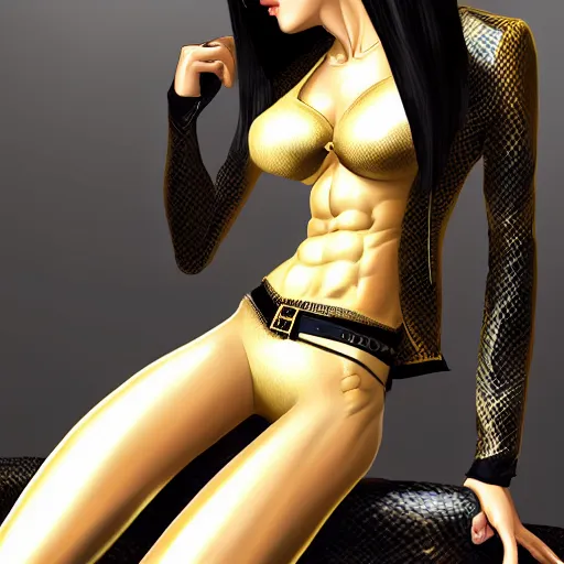 Image similar to yakuza slim girl, gold suit jacket in snake print, jacket over bare torso, yakuza tattoo on body, black short curtain haircut, black leather pants with black belt, elegant, 2d, ultra highly detailed, digital painting, smooth, sharp focus, artstation, art by artgerm, rossdraws