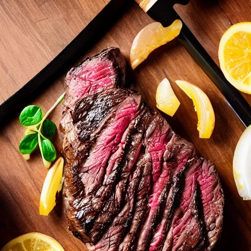 Prompt: juicy steak topped with salt on wooden board, fried onion on the side, 8 k resolution, professional food photography, studio lighting, sharp focus, center frame, hyper - detailed