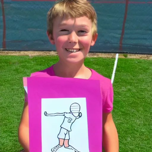 Image similar to children's drawing of Dakota granning playing tennis