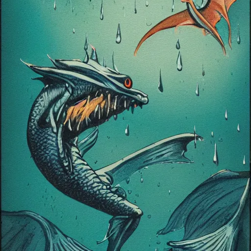 Image similar to fish with gollum face flying, rainy, lighting, dragon wings