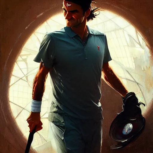 Image similar to roger federer as a hero, picture by greg rutkowski, dynamic pose, intricate, futuristic, fantasy, elegant, by stanley artgerm lau, greg rutkowski, thomas kindkade, alphonse mucha, loish, norman rockwell,