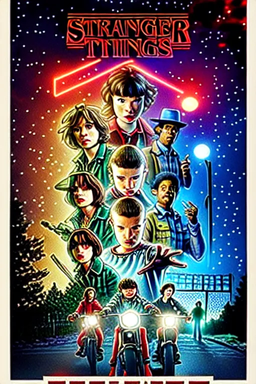 Image similar to Stranger Things Season poster with cast of Futurama, Matt Groening, high resolution, hyper detailed, intricate, photorealistic, all cast members, netfilx !n-9