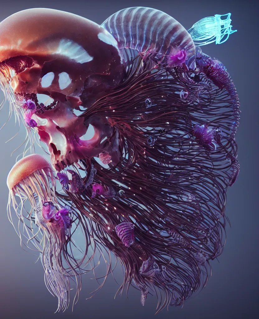 Image similar to goddess close-up portrait animal skull. jellyfish phoenix head, nautilus, orchid, skull, betta fish, bioluminiscent creatures, intricate artwork by Tooth Wu and wlop and beeple. octane render, trending on artstation, greg rutkowski very coherent symmetrical artwork. cinematic, hyper realism, high detail, octane render, 8k