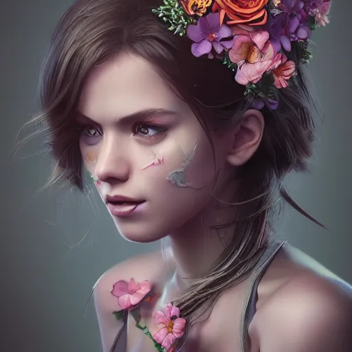 Image similar to dslr photo of a beautiful female with detailed face, wearing flowers, artgerm, artstation, extremely high quality, moody lighting, photography by deviantart, 8 k