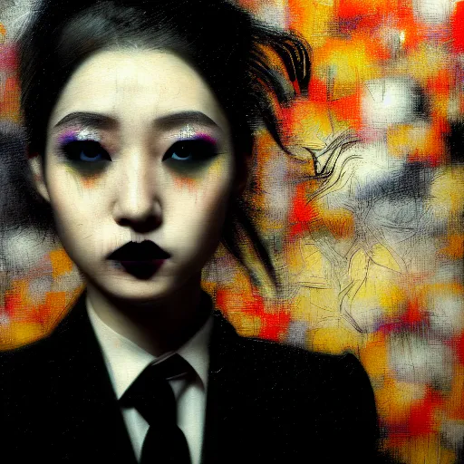 Image similar to yoshitaka amano blurred and dreamy realistic three quarter angle portrait of a young woman with black lipstick and black eyes wearing office suit with tie, david lynch abstract patterns in the background, satoshi kon anime, noisy film grain effect, highly detailed, renaissance oil painting, weird portrait angle, blurred lost edges