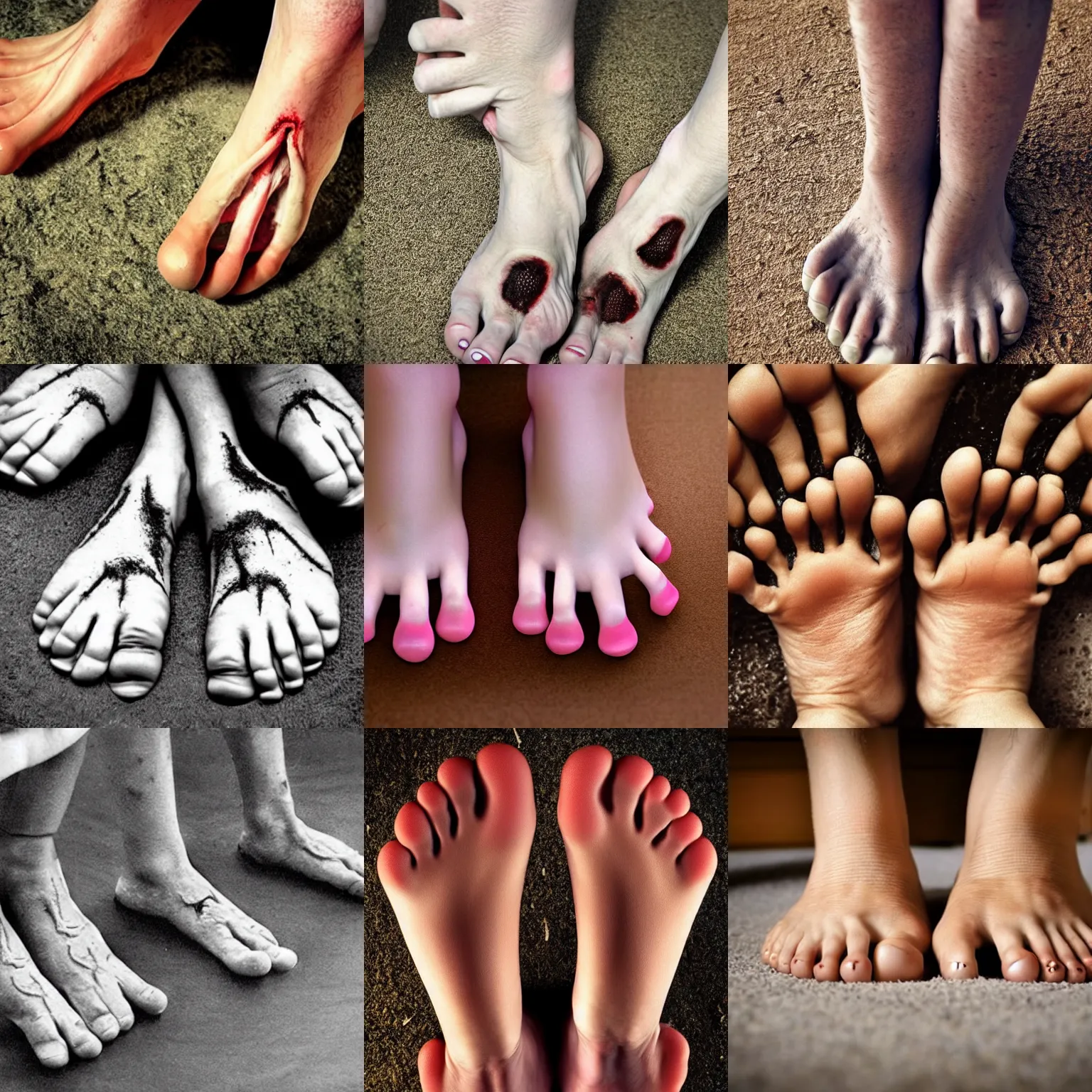 Prompt: a creepy picture of human feet. cursed image, highly disturbing, eerie horror.