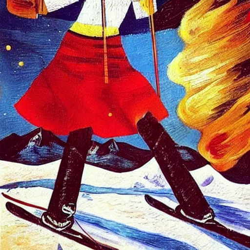 Image similar to oil painting of Frida kahlo skiing down mount Everest with Salvador Dali, in the style of van Gogh