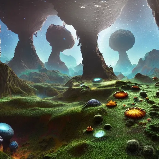 Image similar to 8k highly detailed alient planet, strange lifeforms, fungal growth, surreal, mindscape, dreamscape, intricate, beautiful, valley