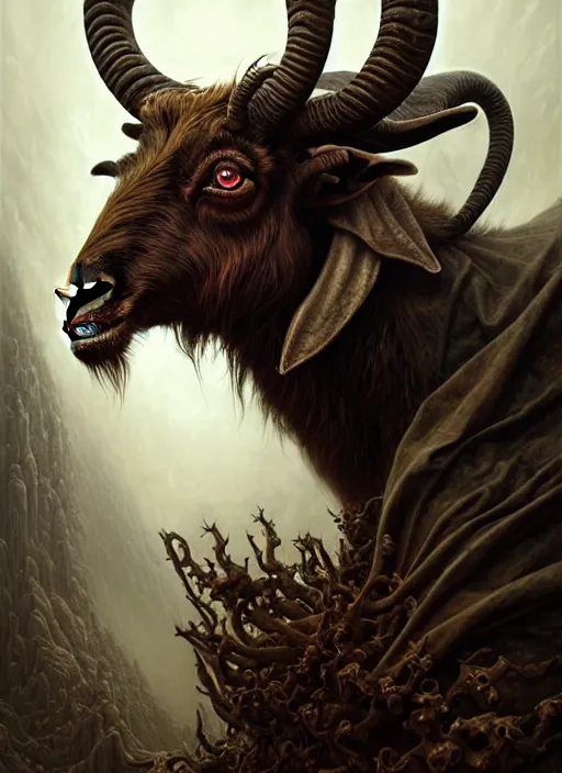 Image similar to portrait shot of a demonic goat, a scenic dystopian environment, intricate, elegant, highly detailed, centered, digital painting, artstation, concept art, smooth, sharp focus, illustration, artgerm, tomasz alen kopera, peter mohrbacher, donato giancola, joseph christian leyendecker, wlop, boris vallejo