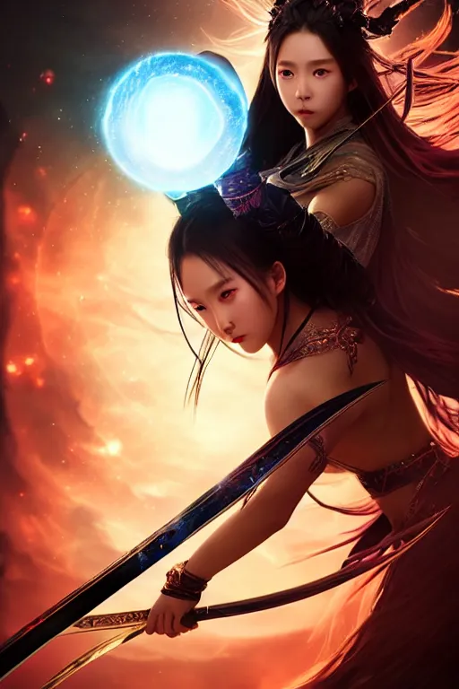 Image similar to beautiful cinematic fantasy poster, wuxia sword dance heroine, beautiful glowing galaxy eyes, hybrid from Dynasty Warriror and art direction by tian zi, WLOP, Darius Zawadzki cinematic quality character render; low angle; ultra high quality model; production quality cinema model;