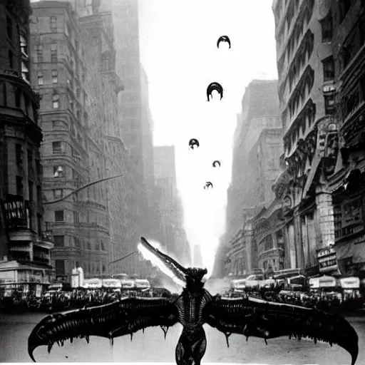 Image similar to old black and white photo, 1 9 1 3, depicting a xenomorph from the movie aliens rampaging through the bustling streets of new york city, historical record