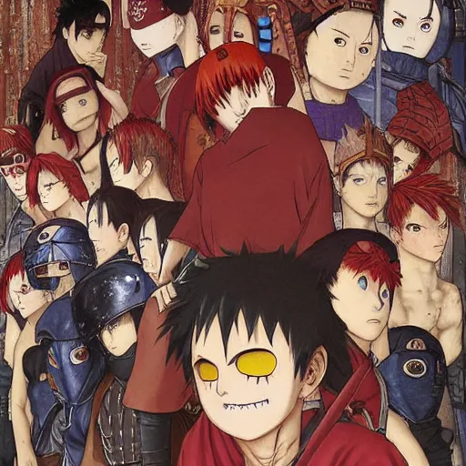 Image similar to Gaara Narutopunk Oni Shinobi at the gates of Tartarus Sand Crest Ninja Warrior Portrait Portrait Wearing Red Ninja-Yoroi norman rockwell uta natsume inio asano naoko takeuchi shotaro ishinomori katsuhiro otomo steve ellis tony szczudlo Ryan Gitter Ilya Repin Final Fantasy Cover Art