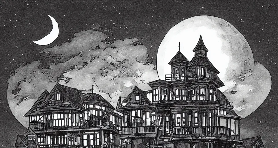 Prompt: seaside victorian building, night, moon in sky, heavy ink, mike mignola, monochrome