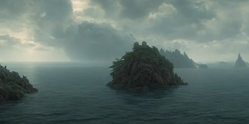 Image similar to screencap from a movie, epic matte painting of an island, cinematic cinematography masterpiece, greg rutkowski, and ivan aivazovski, roger deakins