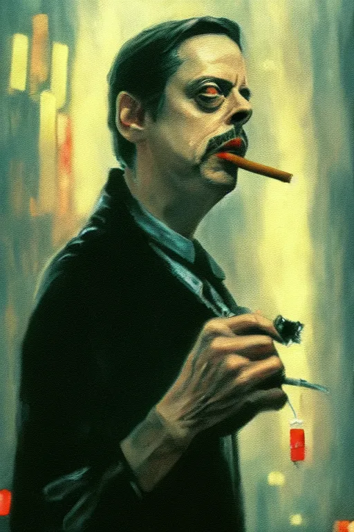 Prompt: oil painting of film still of steve buscemi smoking a cigarette in blade runner, 4 k