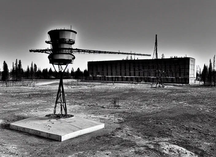 Image similar to black and white photograph with a realistic high - resolution wide - angle lens of the soviet duga - 3 antenna at chernobyl.