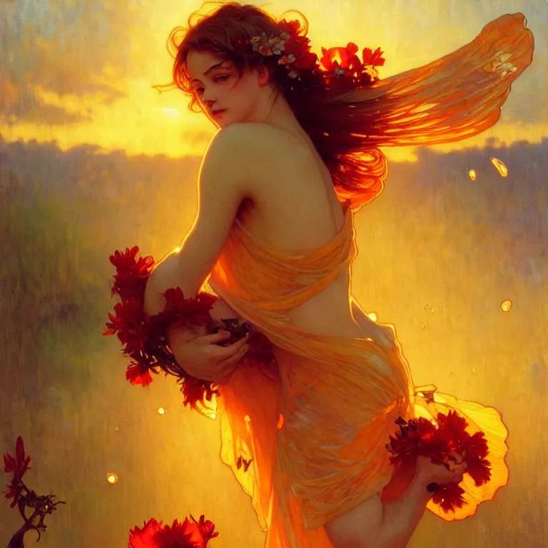 Prompt: glossy liquid honey drops resting on the petals, backlit, sunset, refracted lighting, art by collier, albert aublet, krenz cushart, artem demura, alphonse mucha