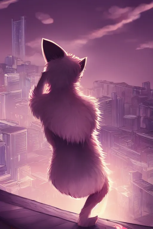 Prompt: a anthropomorphic cat with a fluffy tail staring over a cats city from the top of a roof, trending on furaffinity, cyberpunk, backlighting, cartoon, by kawacy