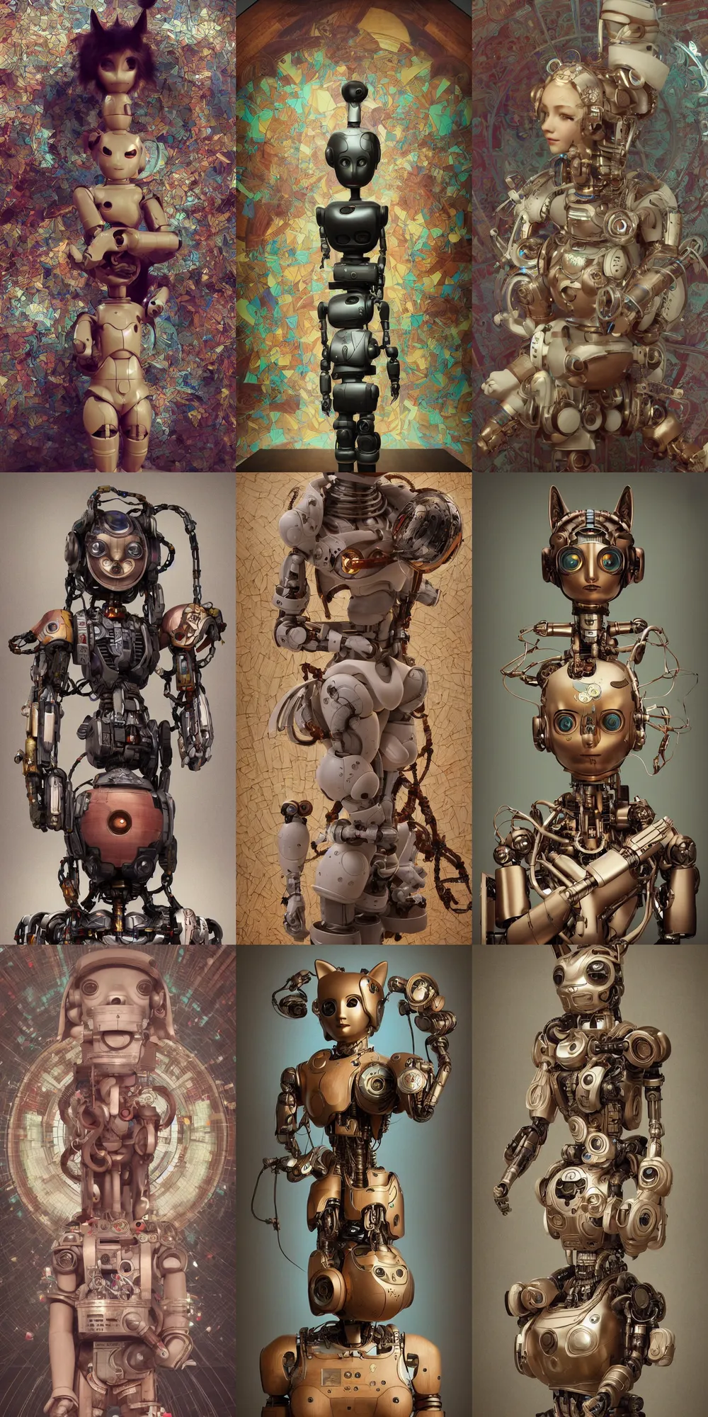 Prompt: 8k octane render photo hyper realist detailed ,a wooden sculpture art toys on feet ,very cute robot zen méditation with cat ears ,cyberpunk ,Art nouveaux ,a contemporary art gallery art by saatchi , art by Alphonse Mucha