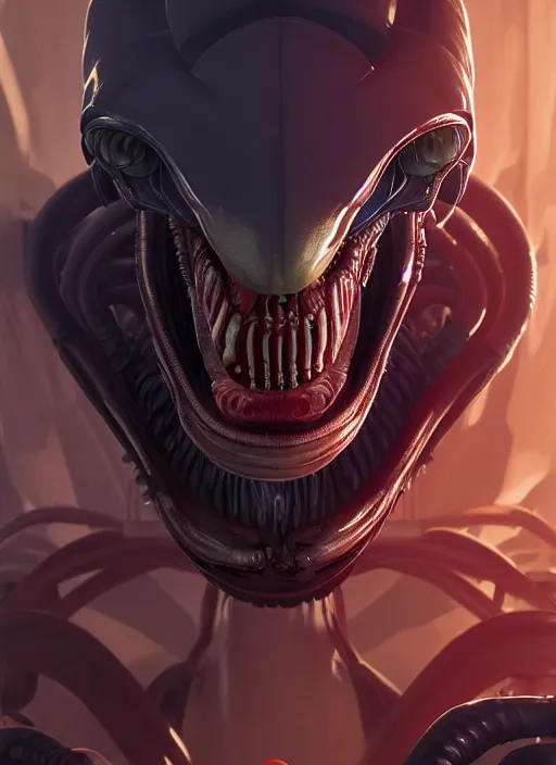 Image similar to highly detailed portrait of xenomorph in gta v, stephen bliss, unreal engine, greg rutkowski, loish, rhads, beeple, makoto shinkai and lois van baarle, ilya kuvshinov, rossdraws, tom bagshaw, alphonse mucha, global illumination, god rays, detailed and intricate environment