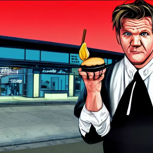 Image similar to GTA cover art of Gordon Ramsay eating an ice cream burger