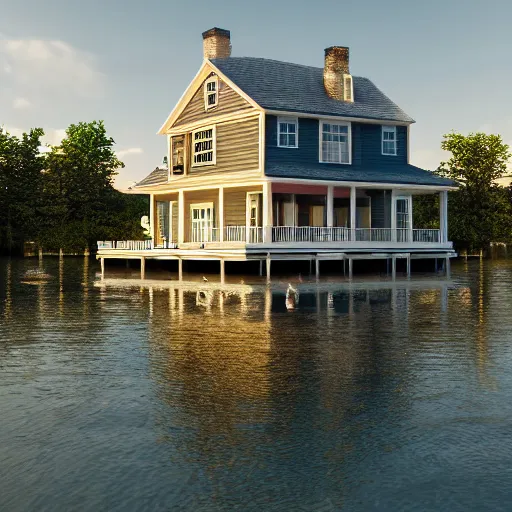 Prompt: a beautiful photography of an house on a lake, 4k textures, unreal engine, CANON EOS C300, ƒ4, 200mm, natural lights, trending on ArtStation, Maine, colonial style, photorealism