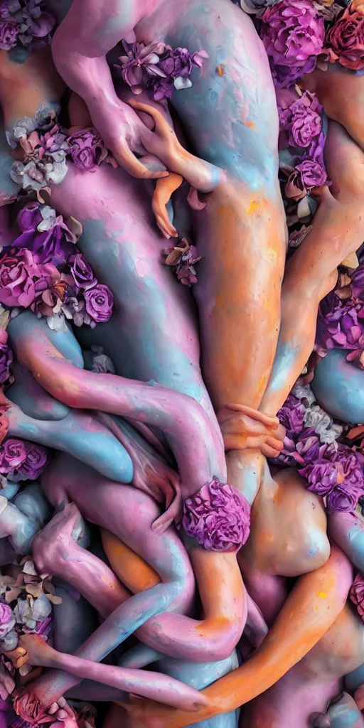 Prompt: closeup photograph of a surrealist sculpture human bodies intertwined, a lovely cornucopia of flowers and human body parts, body parts, paint pour, swirling paint, pink blue and purple color scheme, muted color palette, skin tones, highly detailed, octane render, cinematic