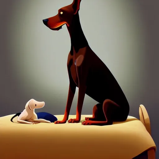 Prompt: goro fujita ilustration an affectionate and pretty doberman sitting on his bed by goro fujita, painting by goro fujita, sharp focus, highly detailed, artstation