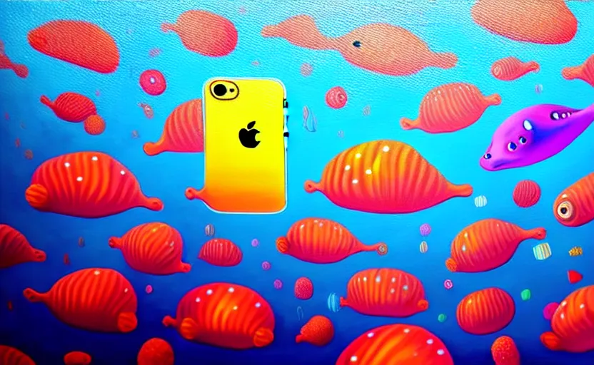 Image similar to a surreal colourful painting of an iphone underwater surrounded by jellyfishes