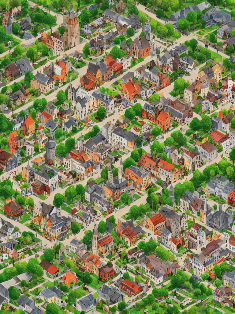 Prompt: an detailed isometric illustration of a european village by nils - petter ekwall, aesthetically pleasing and harmonious natural colors