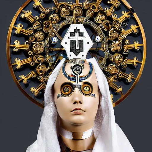 Image similar to a beautiful cyborg made of catholic symbols ceremonial maske