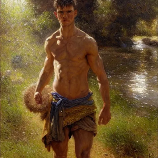 Image similar to young shepherd by a river, playful, male, muscular, detailed face, gorgeous, amazing, muscular, intricate, highly detailed, painting by Gaston Bussiere, Craig Mullins