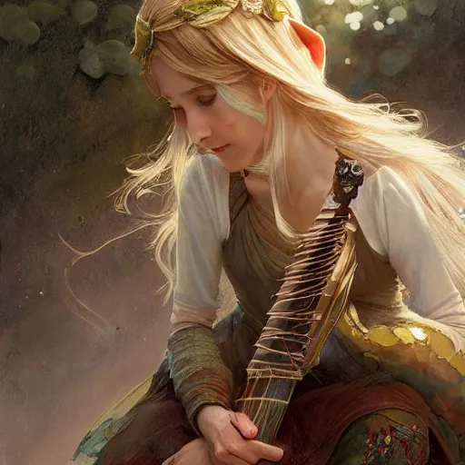 Prompt: elf fairy, bard, lute, art student, cardigan, blonde, highly detailed, intricate, digital painting, artstation, sharp focus, illustration, art by jakub rozalski, greg rutkowski, artgerm, tan zi and ayanamikodon and alphonse mucha and wlop