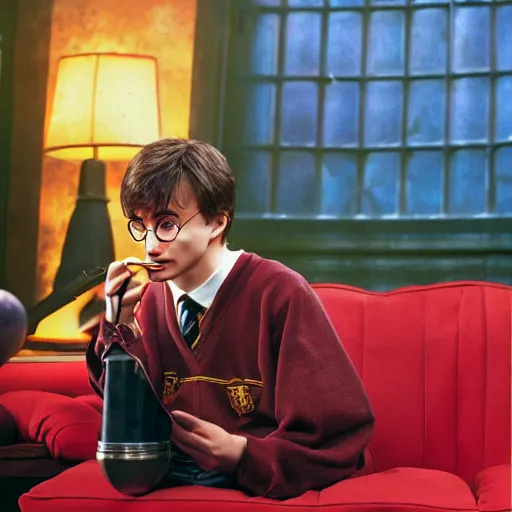 Image similar to harry potter smoking a bong while sitting on a couch with a lava lamp next to him