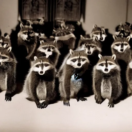 Image similar to vintage professional camera photo, a group of raccoons wearing dark cult robes look towards the camera in surprise and anger as they perform a dark occult evil ceremony inside the secret lair of an underground mystery cult, raccoon evil high priest in ornate robe leads the ritual, dramatic candlelight, pentagrams, ultra - detailed, photorealistic, 4 k