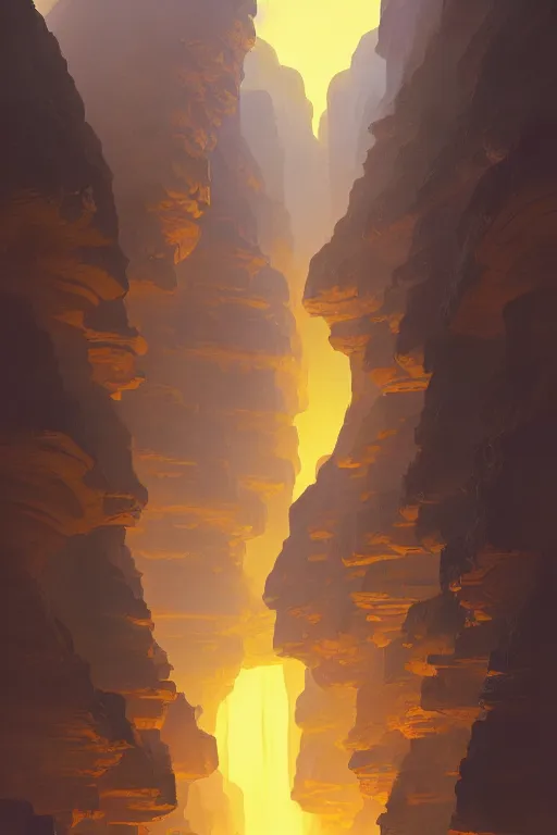 Image similar to monks and ancient temple glowing yellow, narrow canyon, light streaks in the sky, dramatic lighting, artstation, matte painting, ralph mcquarrie, simon stalenhag