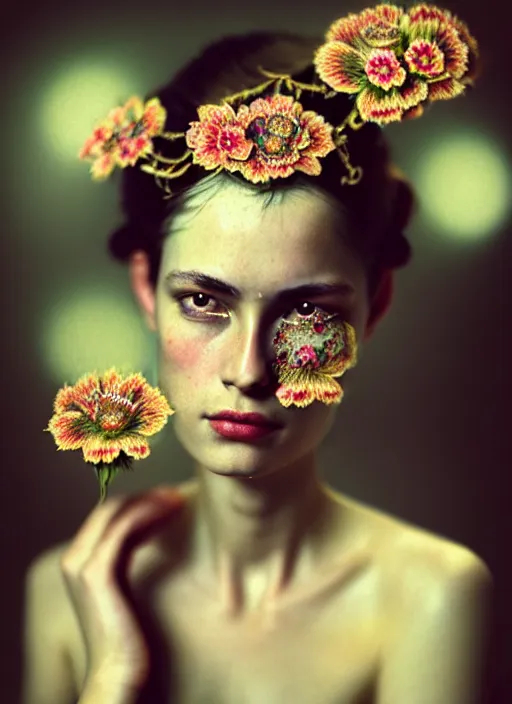 Prompt: kodak portra 4 0 0 double exposure portrait of a beautiful woman in style of antoine d'agata, dressed an ornamental intricate detailed flowers, 1 5 0 mm lens, elegant, highly detailed, sharp focus,, octane render, ethereal, out worldly colours, emotionally evoking, head in focus, soft blur light dreamy, volumetric lighting unreal engine, epic fantasy