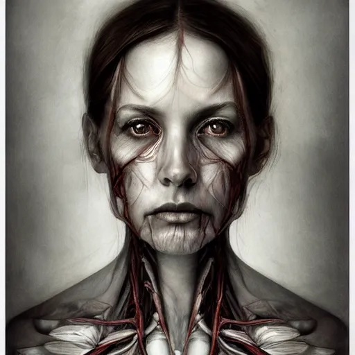 Prompt: masterpiece portrait woman, bones and veins, marco mazzoni, zdzislaw beksinksi