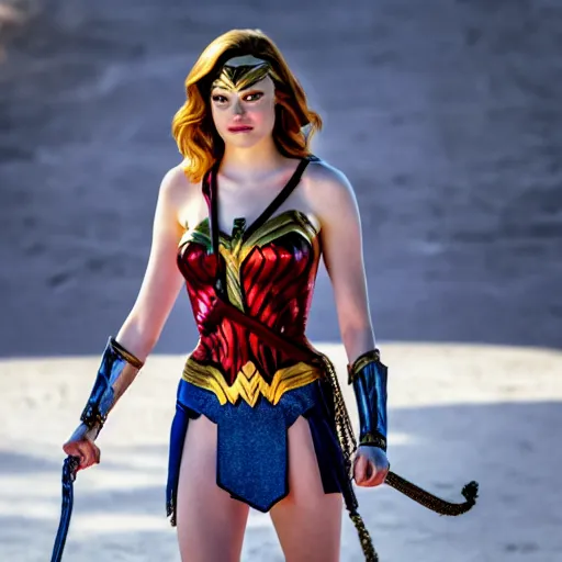 Prompt: photo of Emma Stone as Wonder Woman (2020), 82 mm sigma lens, full body shot, detailed face