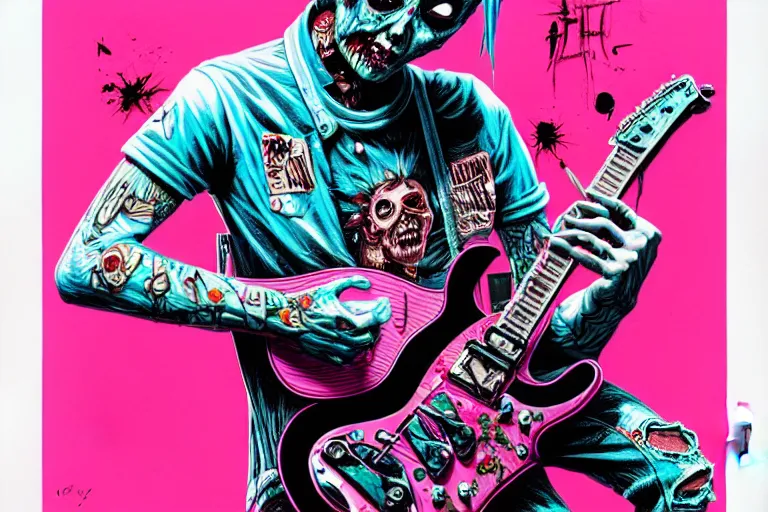 Image similar to risograph of a punk zombie playing guitar, tristan eaton, victo ngai, artgerm, rhads, ross draws, intricated details