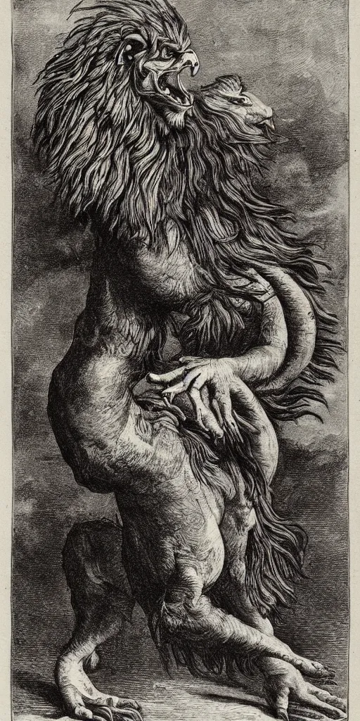 Image similar to a creature with the body and eyes of a man, with the beak of an eagle, the mane of a lion, and the horns of an ox. drawn by francis bacon