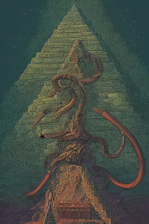 Prompt: pyramid with gigantic cobra wrapped around it in the style of Rob Lefield and Dan Mumford , trending on artstation, digital art,surrealism ,macro,blueprint ,vaporwave ,