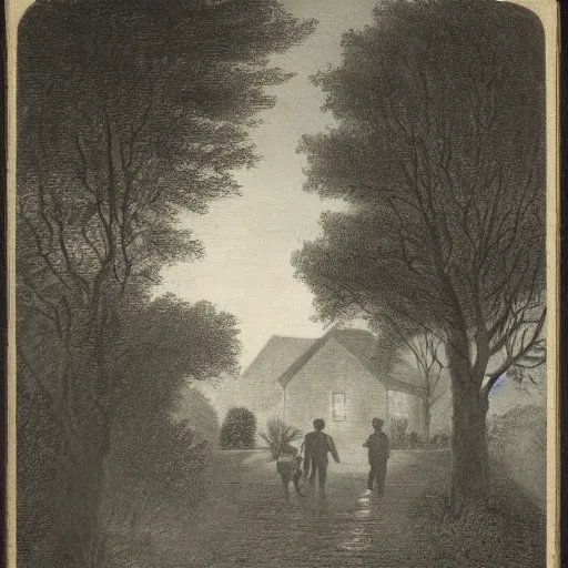 Prompt: Two men in a garden at night walking towards a small wooden garden shed, mystery