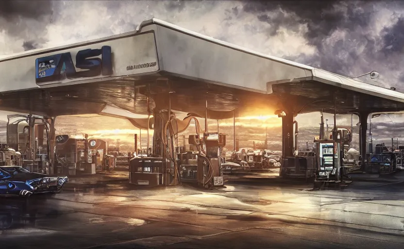 Prompt: Gas station, hyperrealistic mixed media, stunning 3d render inspired art by P. Craig Russell and Barry Windsor-Smith + perfect facial symmetry + dim volumetric lighting, 8k octane beautifully detailed render, post-processing, extremely hyperdetailed, intricate futuristic mechanic parts, epic composition, grim yet sparkling atmosphere, cinematic lighting + masterpiece, trending on artstation
